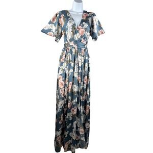 Baltic Born Medium Floral‎ Maxi Dress Blue Pink White Flutter Sleeve boho sz M